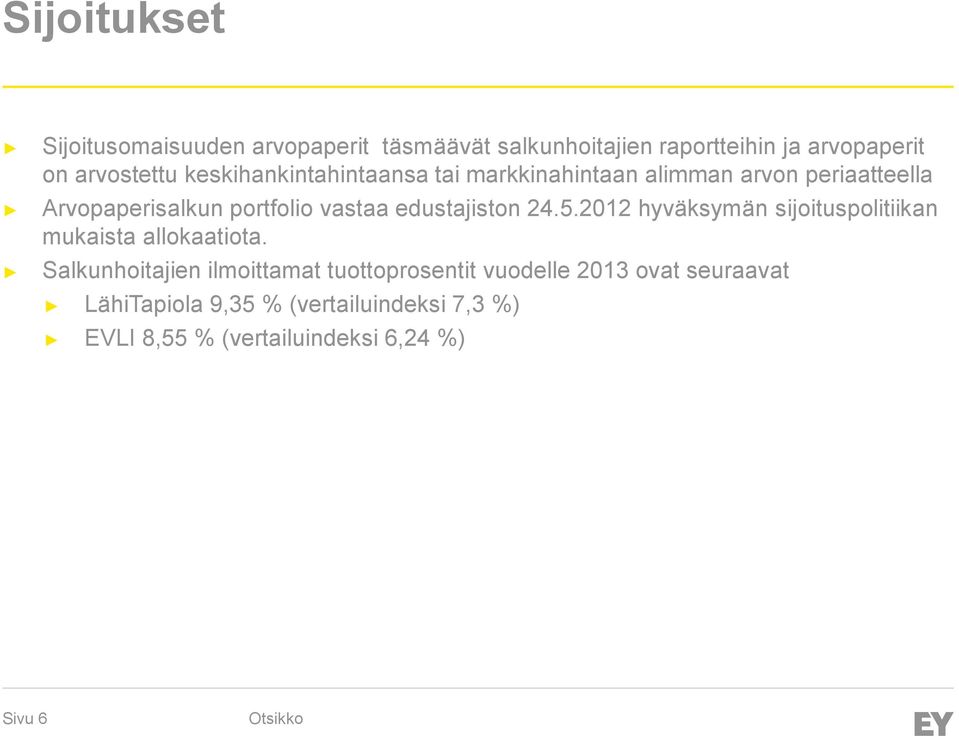 edustajiston 24.5.2012 hyväksymän sijoituspolitiikan mukaista allokaatiota.