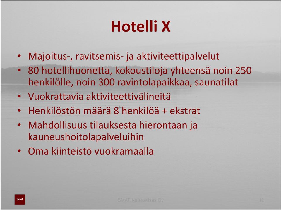 Vuokrattavia aktiviteettivälineitä Henkilöstön määrä 8 henkilöä + ekstrat Mahdollisuus