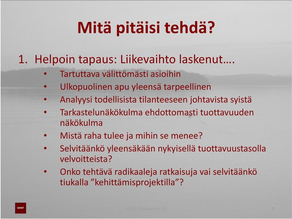 johtavista syistä Tarkastelunäkökulma l ehdottomasti tuottavuuden näkökulma Mistä raha tulee ja mihin se menee?