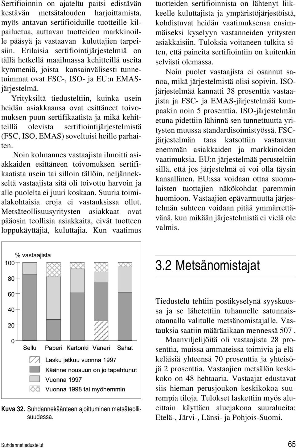 Yrityksiltä tiedusteltiin, kuinka usein heidän asiakkaansa ovat esittäneet toivomuksen puun sertifikaatista ja mikä kehitteillä olevista sertifiointijärjestelmistä (FSC, ISO, EMAS) soveltuisi heille