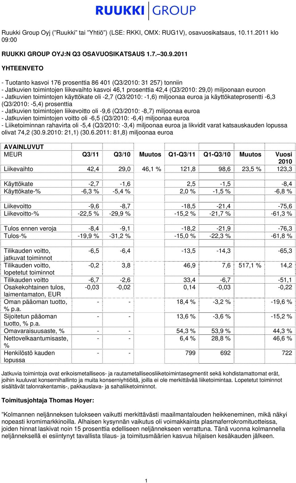 2011 YHTEENVETO - Tuotanto kasvoi 176 prosenttia 86 401 (Q3/2010: 31 257) tonniin - Jatkuvien toimintojen liikevaihto kasvoi 46,1 prosenttia 42,4 (Q3/2010: 29,0) miljoonaan euroon - Jatkuvien