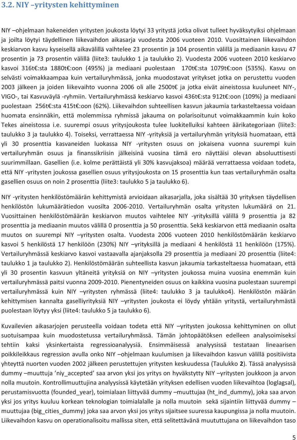 Vuosittainen liikevaihdon keskiarvon kasvu kyseisellä aikavälillä vaihtelee 23 prosentin ja 104 prosentin välillä ja mediaanin kasvu 47 prosentin ja 73 prosentin välillä (liite3: taulukko 1 ja