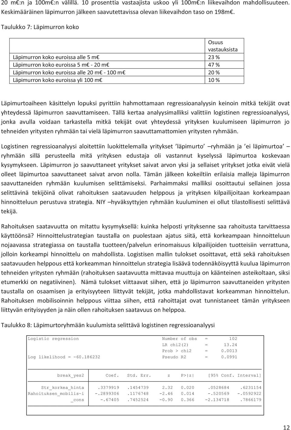 yli 100 m 10 % Läpimurtoaiheen käsittelyn lopuksi pyrittiin hahmottamaan regressioanalyysin keinoin mitkä tekijät ovat yhteydessä läpimurron saavuttamiseen.