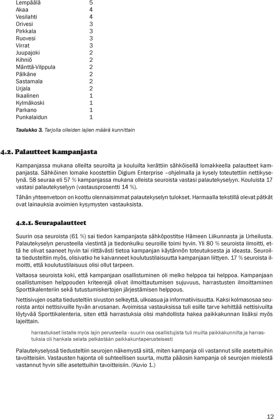 Sähköinen lomake koostettiin Digium Enterprise ohjelmalla ja kysely toteutettiin nettikyselynä. 58 seuraa eli 57 % kampanjassa mukana olleista seuroista vastasi palautekyselyyn.