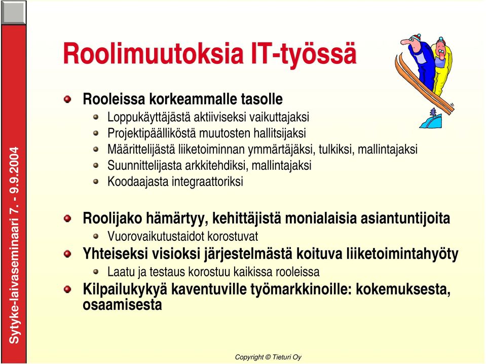 Koodaajasta integraattoriksi Roolijako hämärtyy, kehittäjistä monialaisia asiantuntijoita Vuorovaikutustaidot korostuvat Yhteiseksi