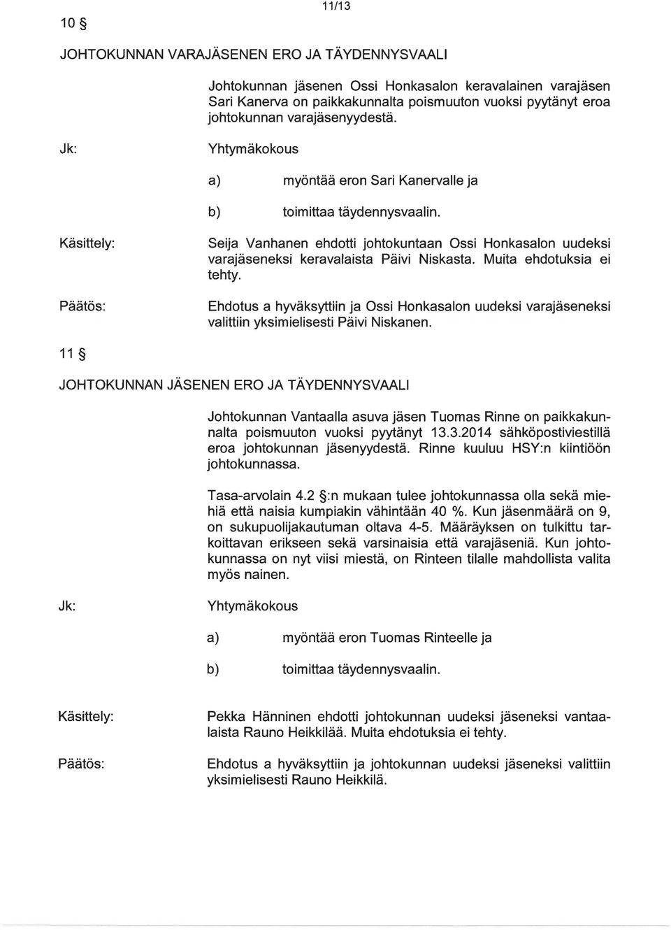 Käsittely: 11 Seija Vanhanen ehdotti johtokuntaan Ossi Honkasalon uudeksi varajäseneksi keravalaista Päivi Niskasta. Muita ehdotuksia ei tehty.