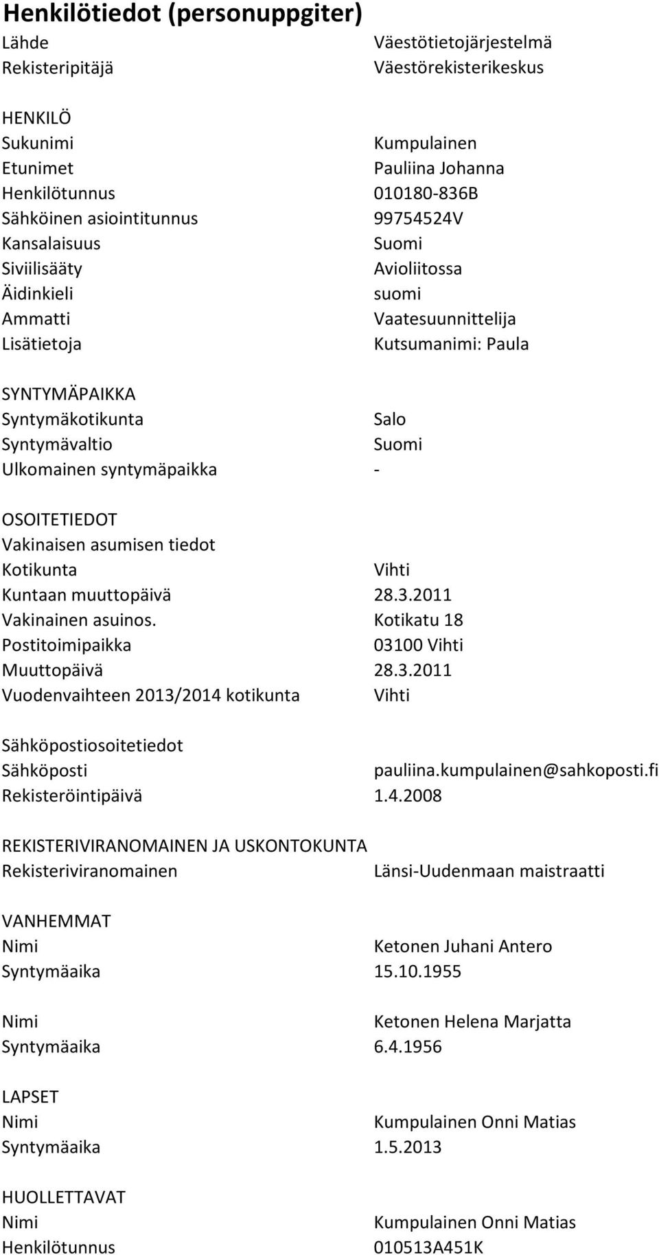 syntymäpaikka - OSOITETIEDOT Vakinaisen asumisen tiedot Kotikunta Vihti Kuntaan muuttopäivä 28.3.2011 Vakinainen asuinos. Kotikatu 18 Postitoimipaikka 03100 Vihti Muuttopäivä 28.3.2011 Vuodenvaihteen 2013/2014 kotikunta Vihti Sähköpostiosoitetiedot Sähköposti pauliina.