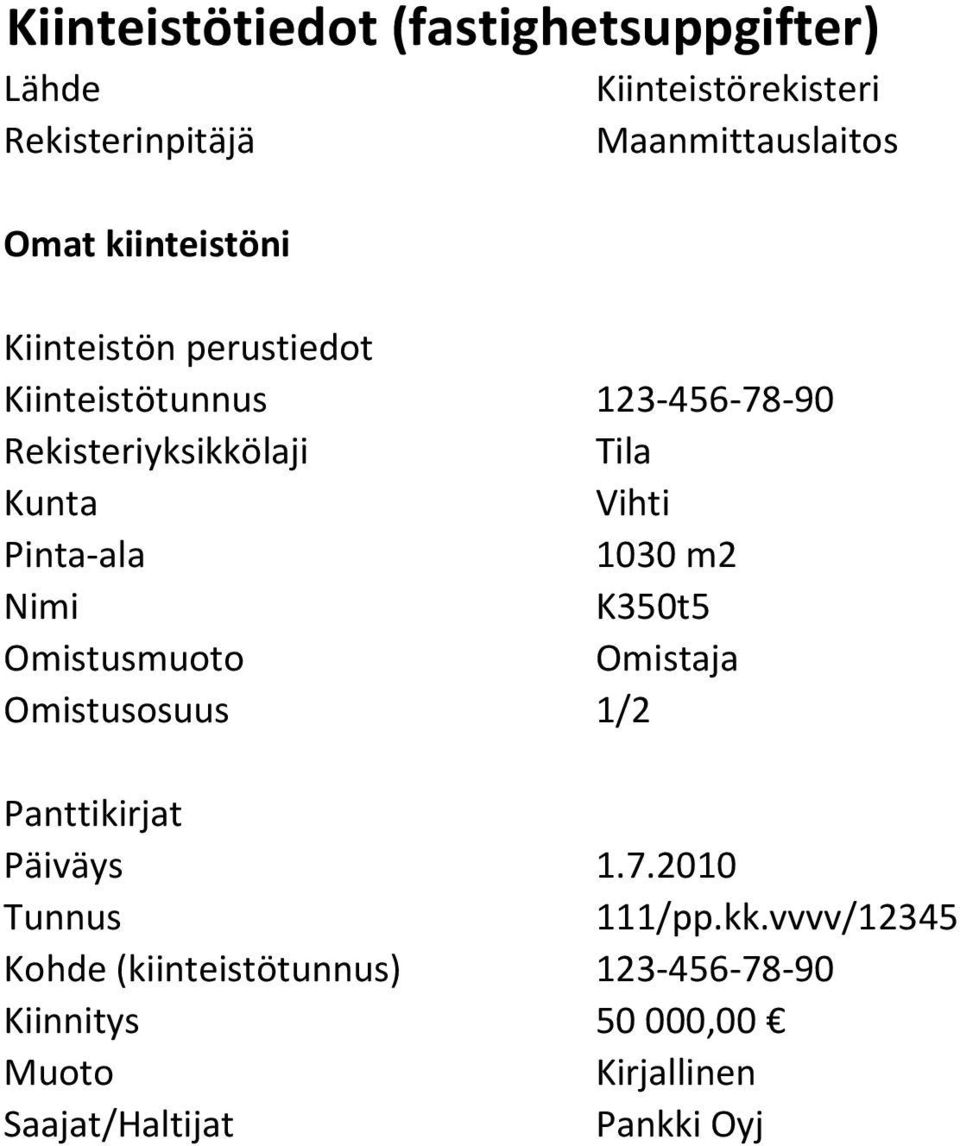 Pinta-ala 1030 m2 K350t5 Omistusmuoto Omistaja Omistusosuus 1/2 Panttikirjat Päiväys 1.7.2010 Tunnus 111/pp.