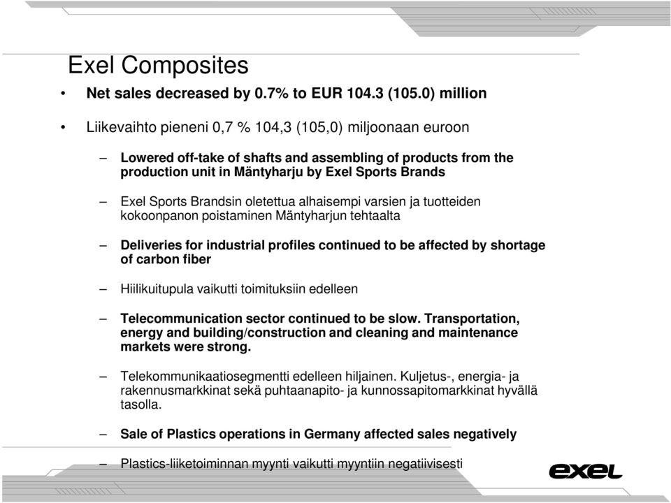 Brandsin oletettua alhaisempi varsien ja tuotteiden kokoonpanon poistaminen Mäntyharjun tehtaalta Deliveries for industrial profiles continued to be affected by shortage of carbon fiber