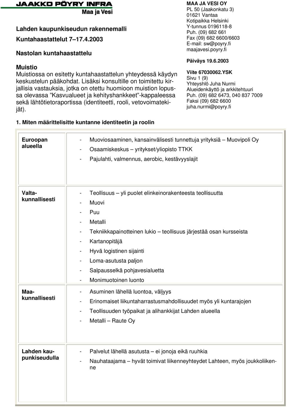 rooli, vetovoimatekijät). MAA JA VESI OY PL 50 (Jaakonkatu 3) 01621 Vantaa Kotipaikka Helsinki Y-tunnus 0196118-8 Puh. (09) 682 661 Fax (09) 682 6600/6603 E-mail: sw@poyry.fi maajavesi.poyry.fi Päiväys 19.