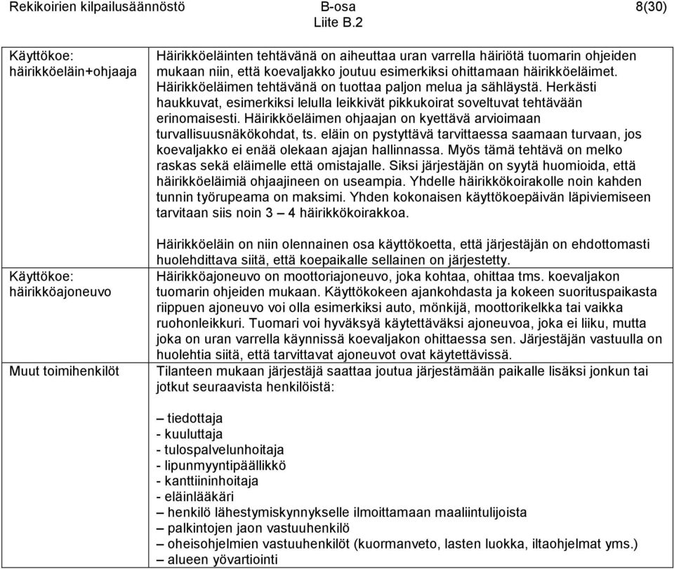 Herkästi haukkuvat, esimerkiksi lelulla leikkivät pikkukoirat soveltuvat tehtävään erinomaisesti. Häirikköeläimen ohjaajan on kyettävä arvioimaan turvallisuusnäkökohdat, ts.