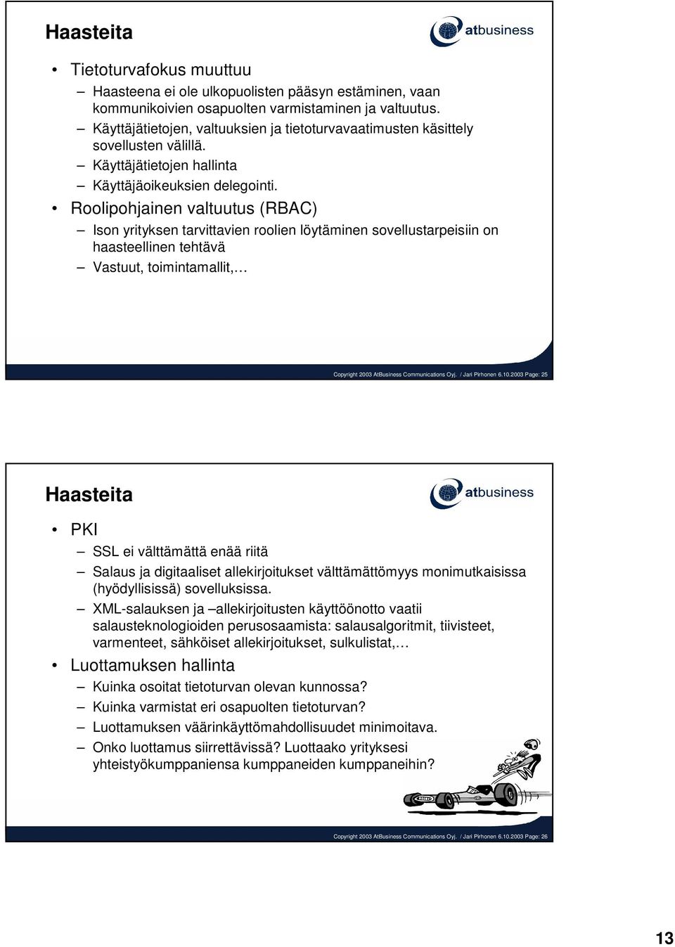 Roolipohjainen valtuutus (RBAC) Ison yrityksen tarvittavien roolien löytäminen sovellustarpeisiin on haasteellinen tehtävä Vastuut, toimintamallit, Copyright 2003 AtBusiness Communications Oyj.