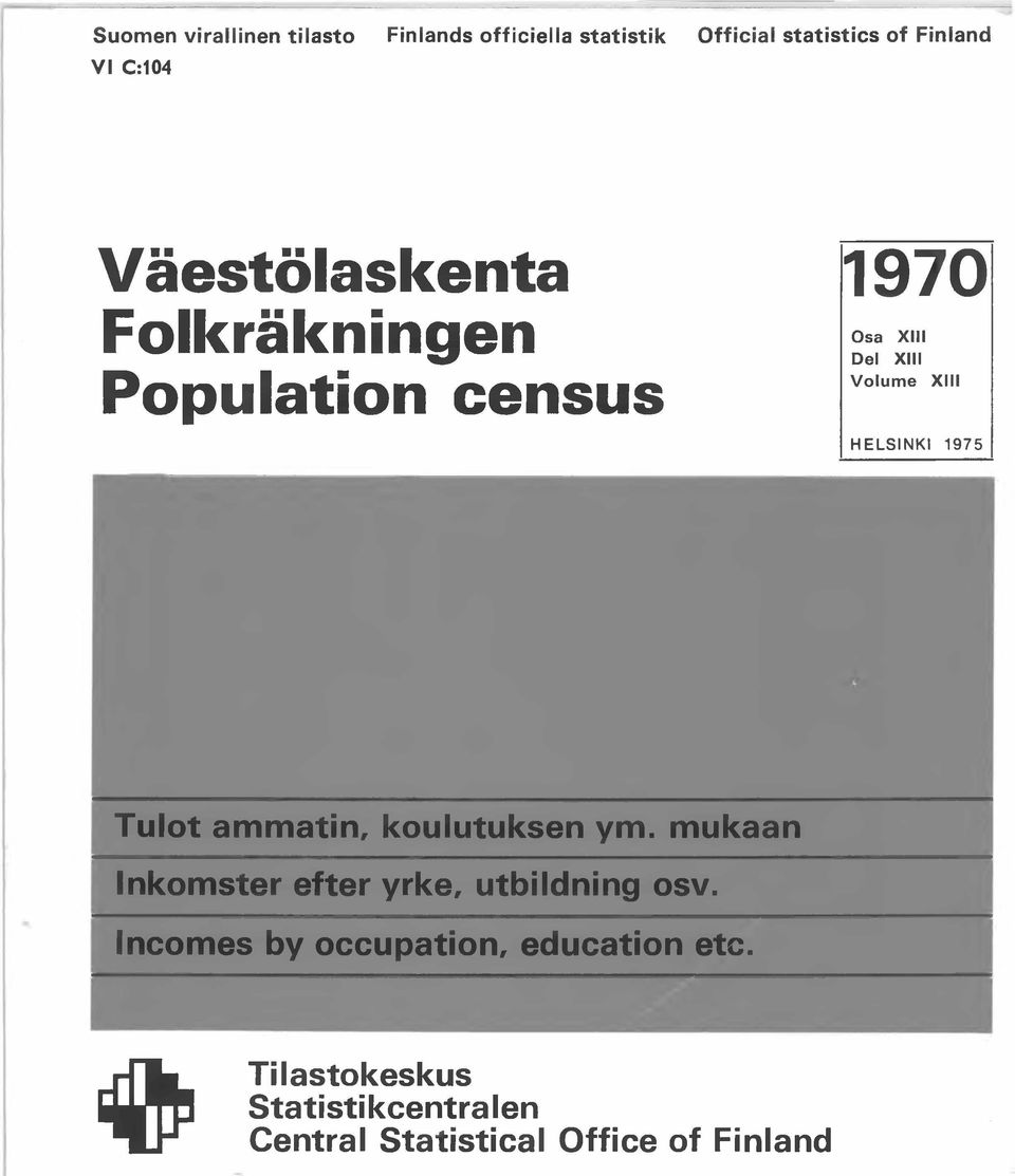 HELSINKI 1975 Tulot ammatin, koulutuksen ym. mukaan Inkomster efter yrke, utbildning osv.