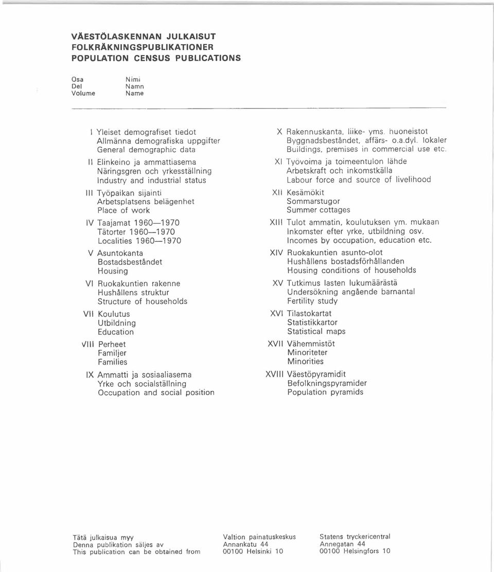 Localities 1960 1970 V Asuntokanta Bostadsbestàndet Housing VI Ruokakuntien rakenne Hushällens struktur Structure of households V II Koulutus Utbildning Education VIII Perheet Familjer Families IX