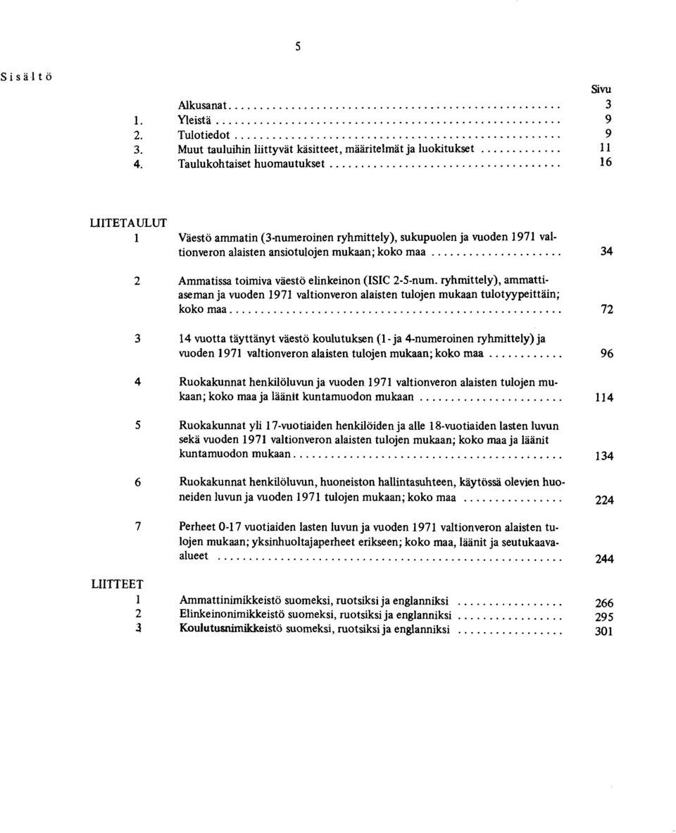 .. 34 2 Ammatissa toimiva väestö elinkeinon (ISIC 2-5-num. ryhmittely), ammattiaseman ja vuoden 1971 valtionveron alaisten tulojen mukaan tulotyypeittäin; koko maa.