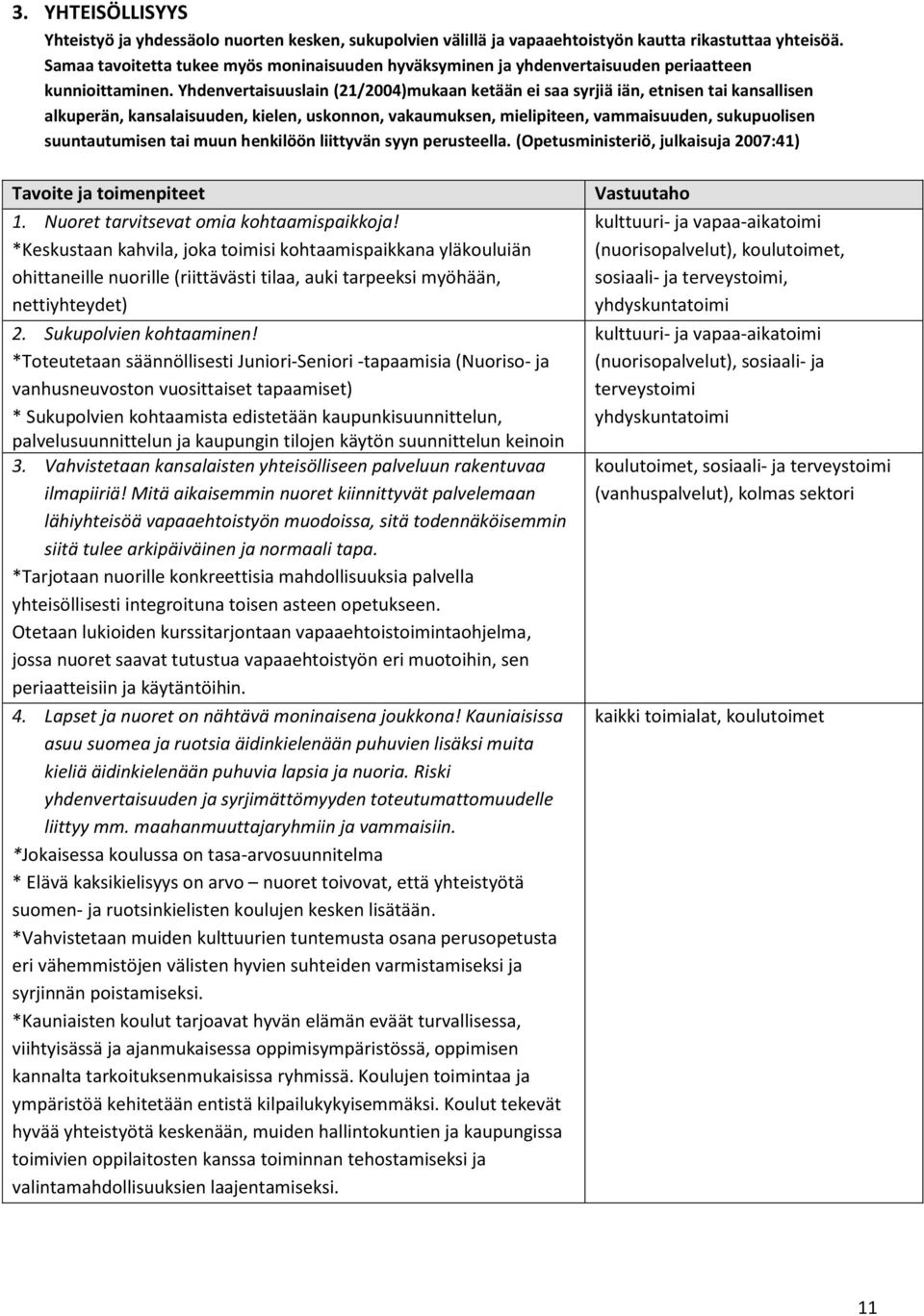 Yhdenvertaisuuslain (21/2004)mukaan ketään ei saa syrjiä iän, etnisen tai kansallisen alkuperän, kansalaisuuden, kielen, uskonnon, vakaumuksen, mielipiteen, vammaisuuden, sukupuolisen suuntautumisen