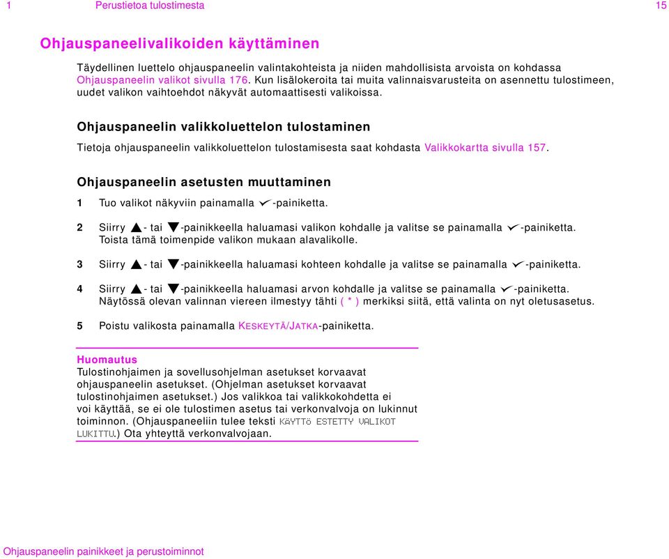 Ohjauspaneelin valikkoluettelon tulostaminen Tietoja ohjauspaneelin valikkoluettelon tulostamisesta saat kohdasta Valikkokartta sivulla 157.