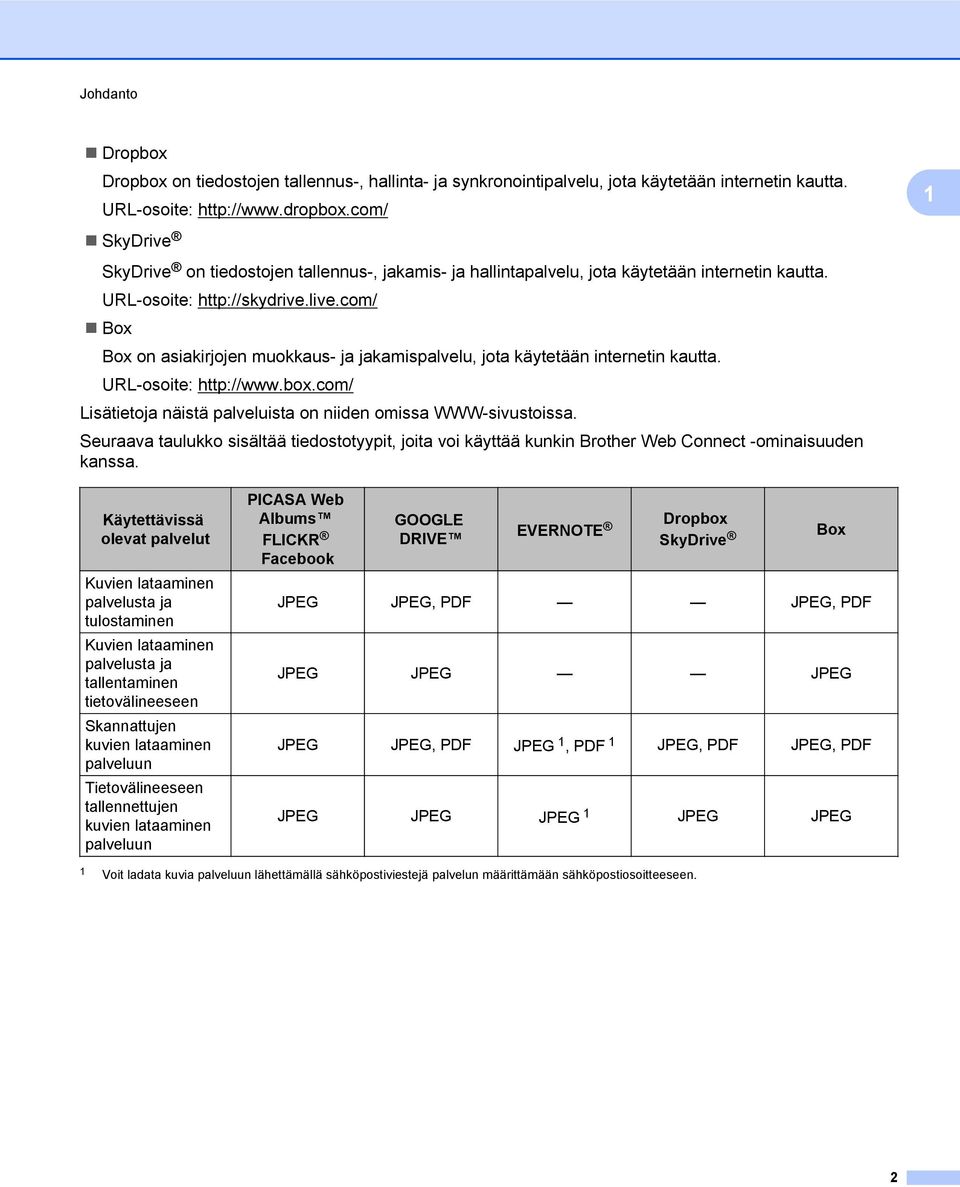 com/ Box Box on asiakirjojen muokkaus- ja jakamispalvelu, jota käytetään internetin kautta. URL-osoite: http://www.box.com/ Lisätietoja näistä palveluista on niiden omissa WWW-sivustoissa.