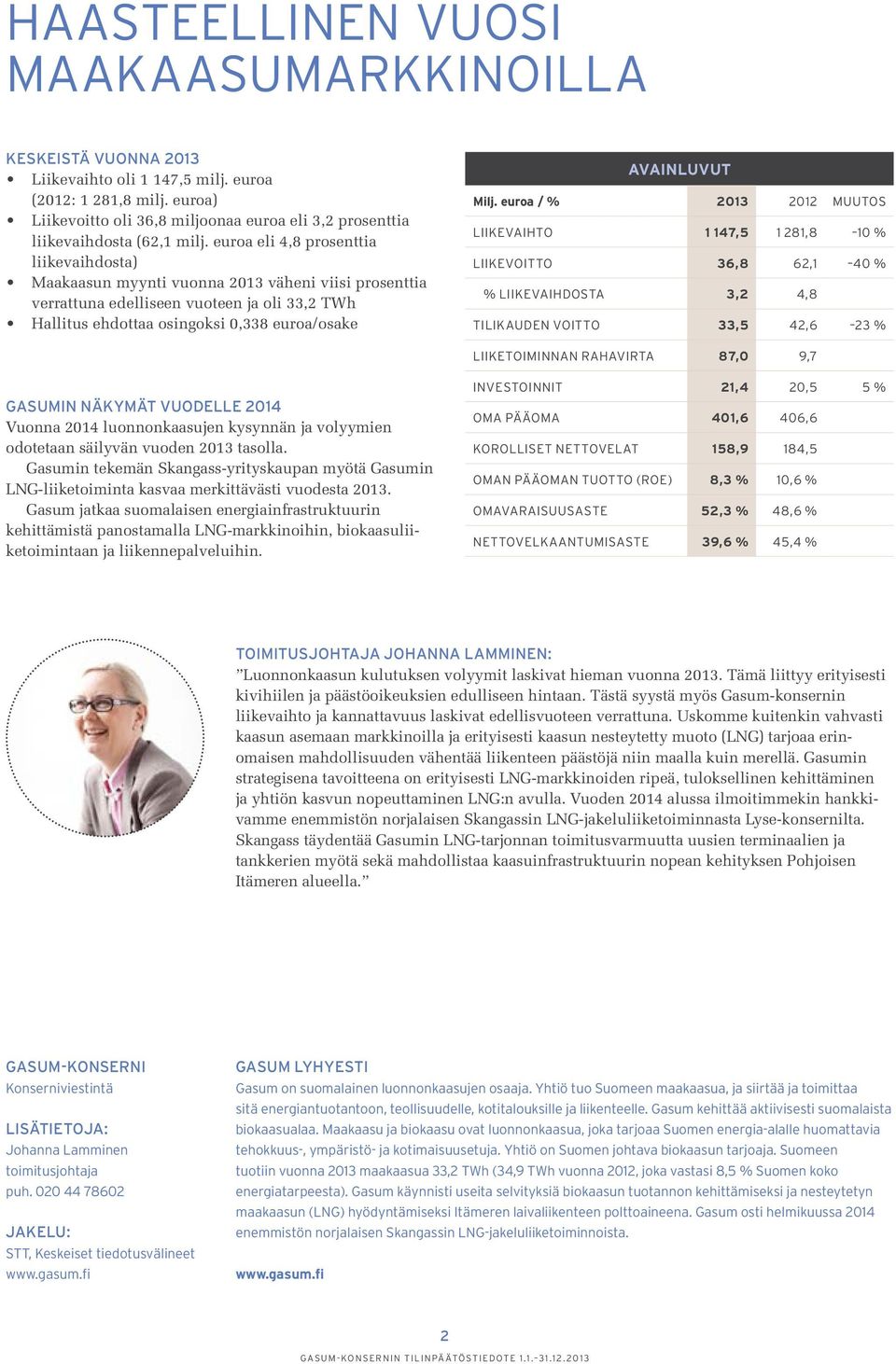 euroa eli 4,8 prosenttia liikevaihdosta) Maakaasun myynti vuonna 2013 väheni viisi prosenttia verrattuna edelliseen vuoteen ja oli 33,2 TWh Hallitus ehdottaa osingoksi 0,338 euroa/osake AVAINLUVUT