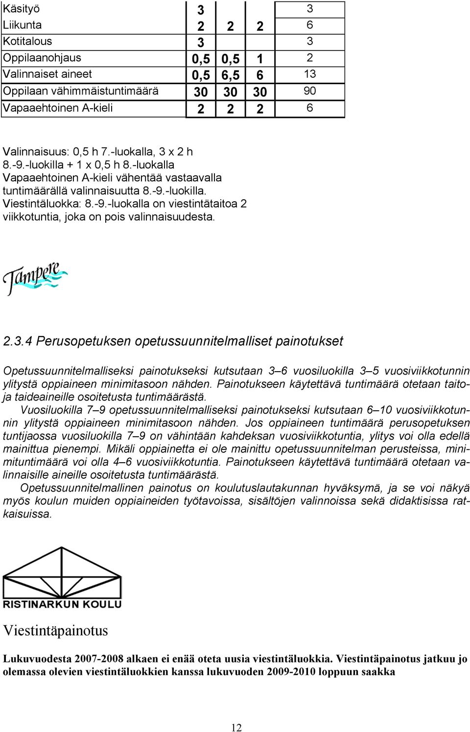 2.3.4 Perusopetuksen opetussuunnitelmalliset painotukset Opetussuunnitelmalliseksi painotukseksi kutsutaan 3 6 vuosiluokilla 3 5 vuosiviikkotunnin ylitystä oppiaineen minimitasoon nähden.