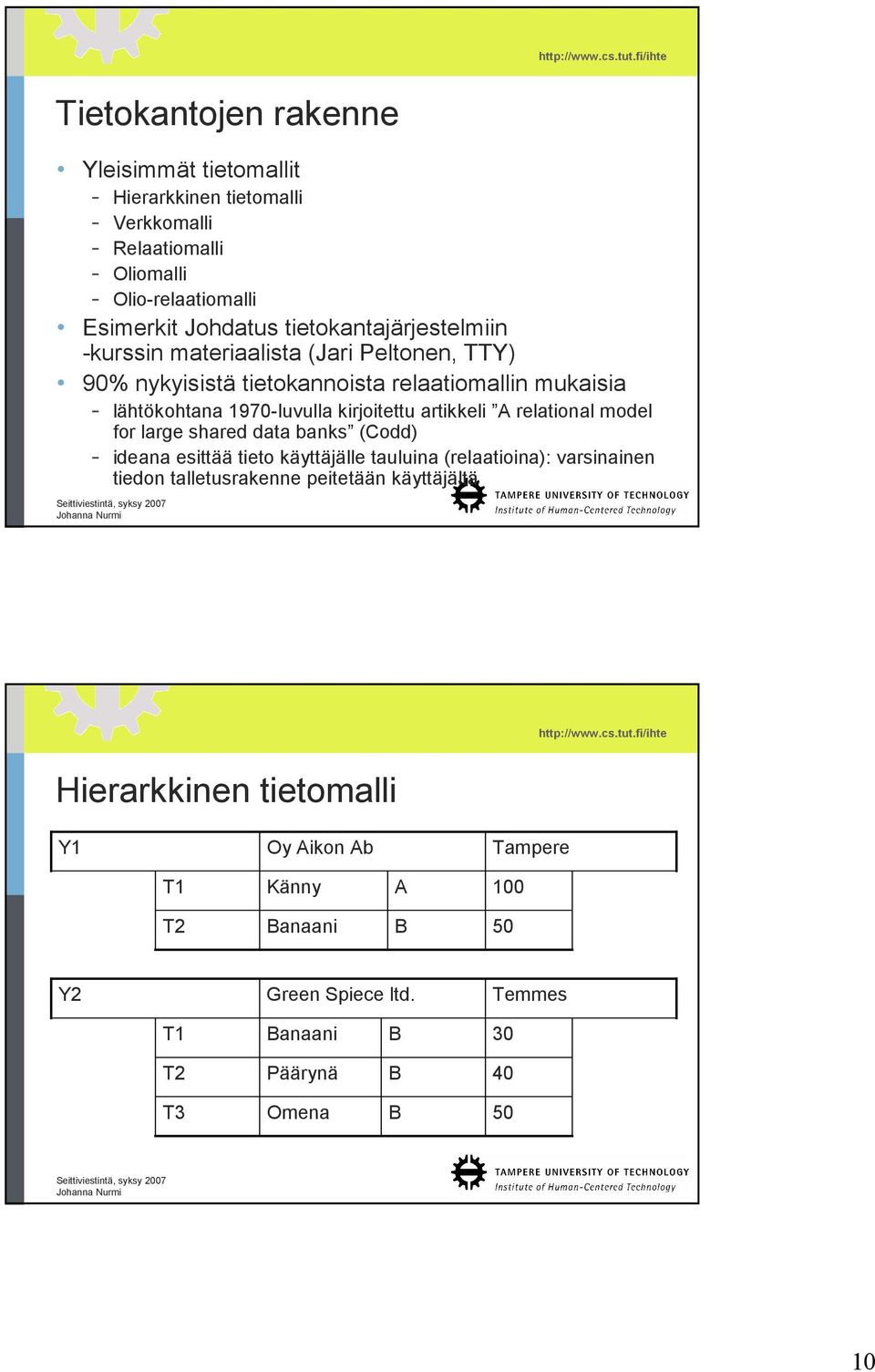 artikkeli A relational model for large shared data banks (Codd) - ideana esittää tieto käyttäjälle tauluina (relaatioina): varsinainen tiedon talletusrakenne