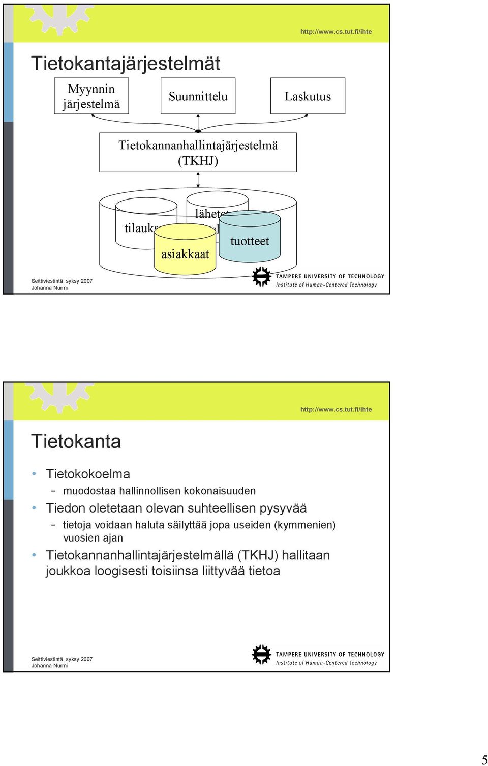 kokonaisuuden Tiedon oletetaan olevan suhteellisen pysyvää - tietoja voidaan haluta säilyttää jopa useiden