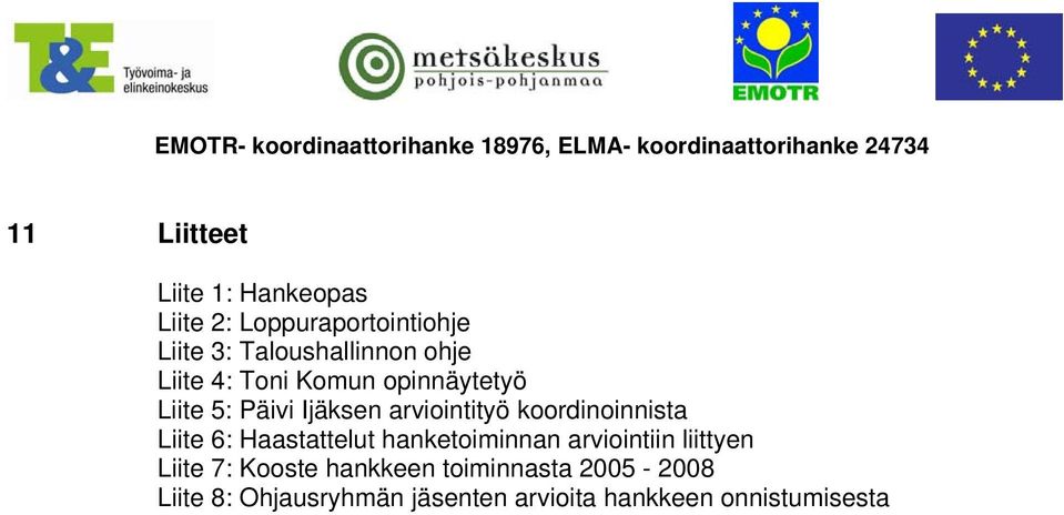 koordinoinnista Liite 6: Haastattelut hanketoiminnan arviointiin liittyen Liite 7: