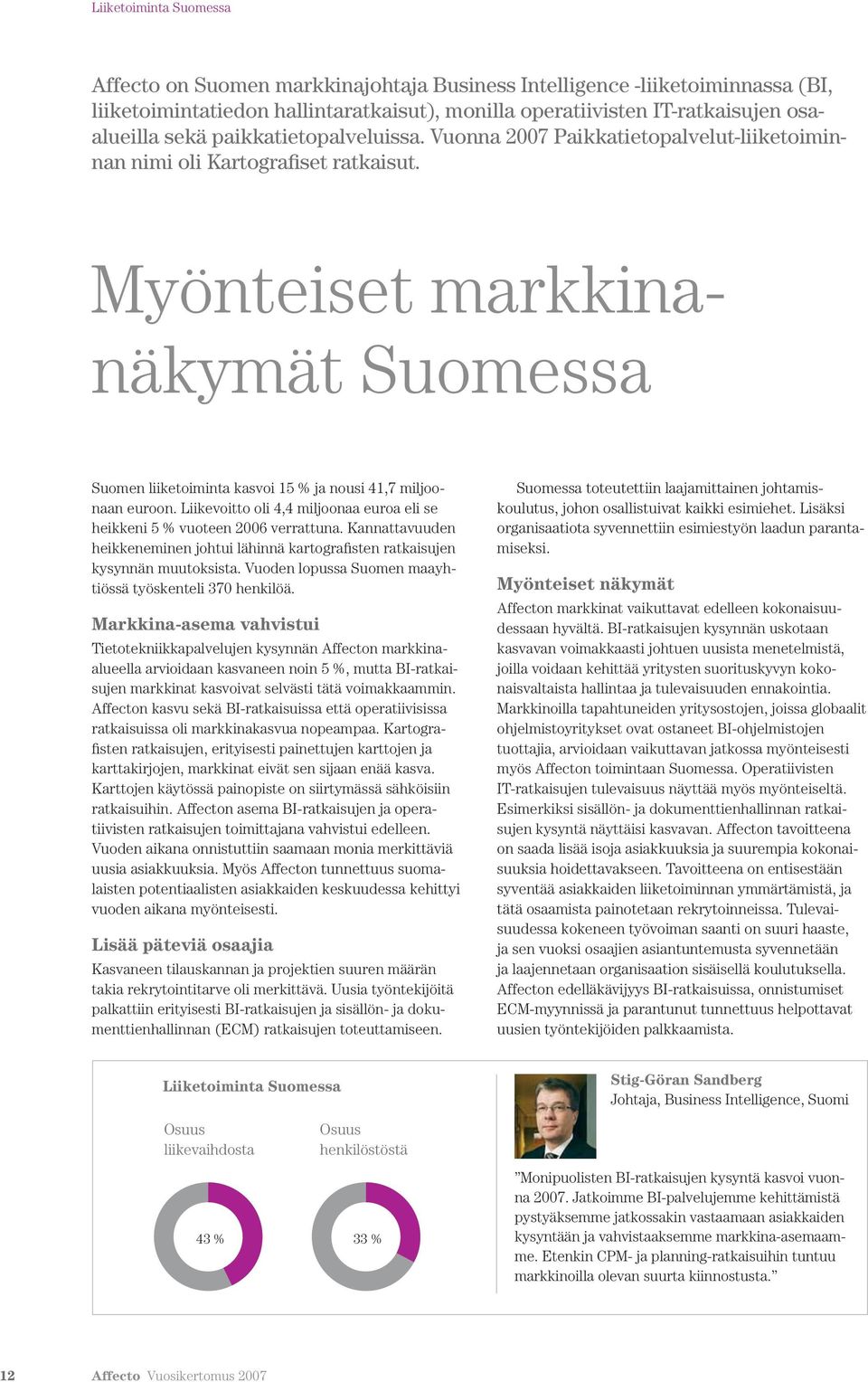 Myönteiset markkinanäkymät Suomessa Suomen liiketoiminta kasvoi 15 % ja nousi 41,7 miljoonaan euroon. Liikevoitto oli 4,4 miljoonaa euroa eli se heikkeni 5 % vuoteen 2006 verrattuna.