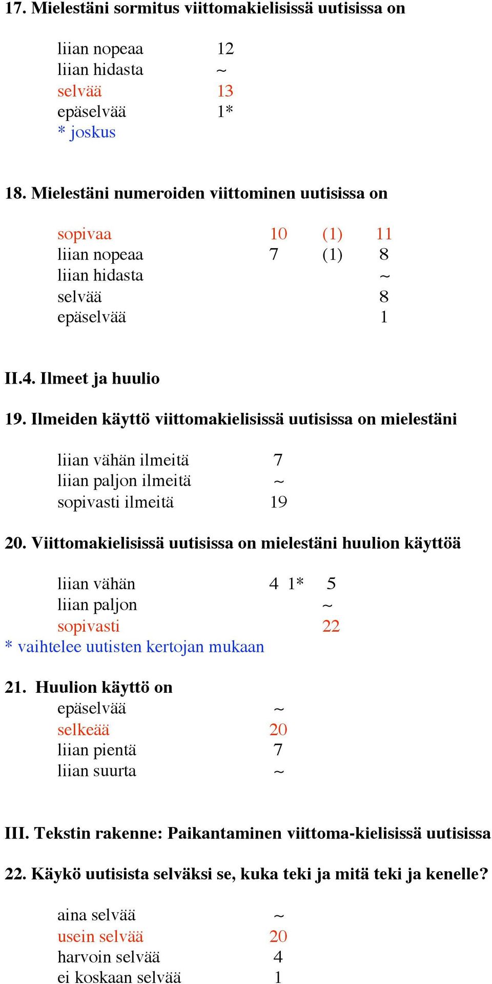 Ilmeiden käyttö viittomakielisissä uutisissa on mielestäni liian vähän ilmeitä 7 liian paljon ilmeitä sopivasti ilmeitä 19 20.