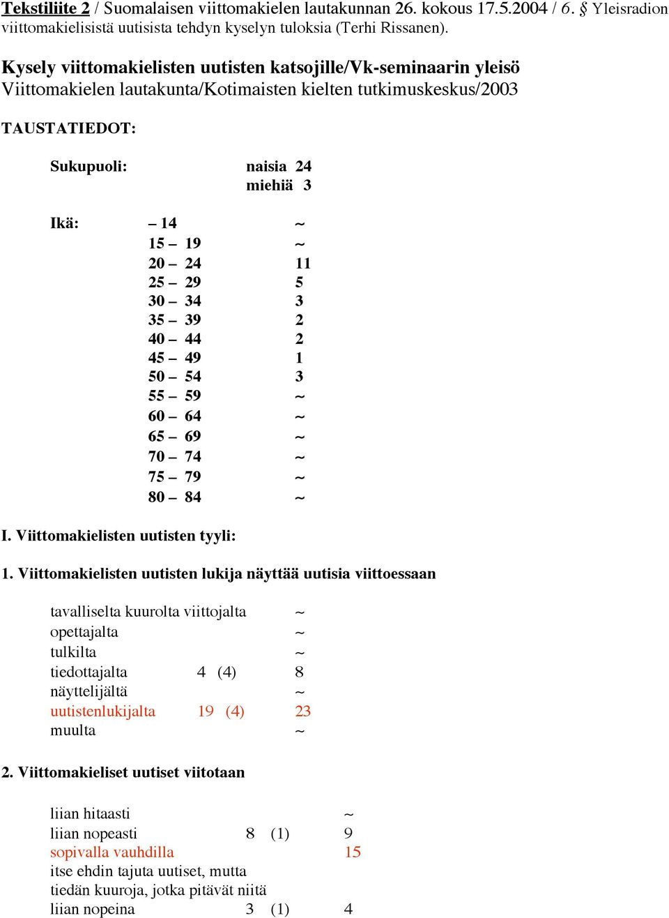 25 29 5 30 34 3 35 39 2 40 44 2 45 49 1 50 54 3 55 59 60 64 65 69 70 74 75 79 80 84 I. Viittomakielisten uutisten tyyli: 1.