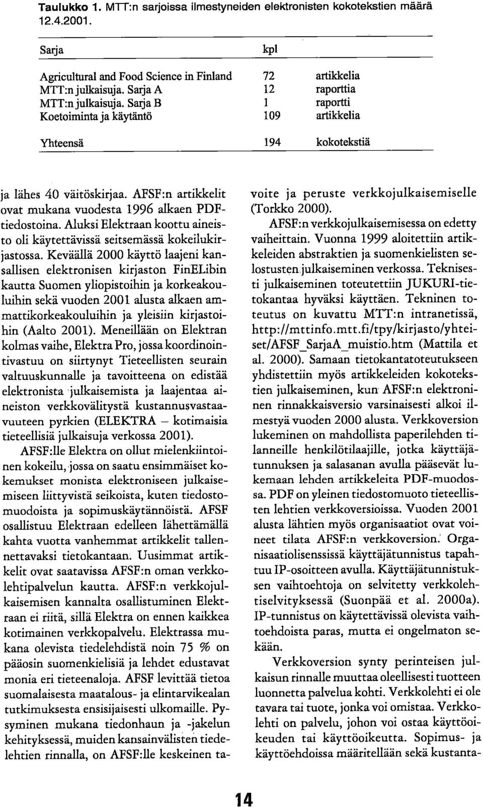 AFSF:n artikkelit ovat mukana vuodesta 1996 alkaen PDFtiedostoina. Aluksi Elektraan koottu aineisto oli käytettävissä seitsemässä kokeilukirjastossa.