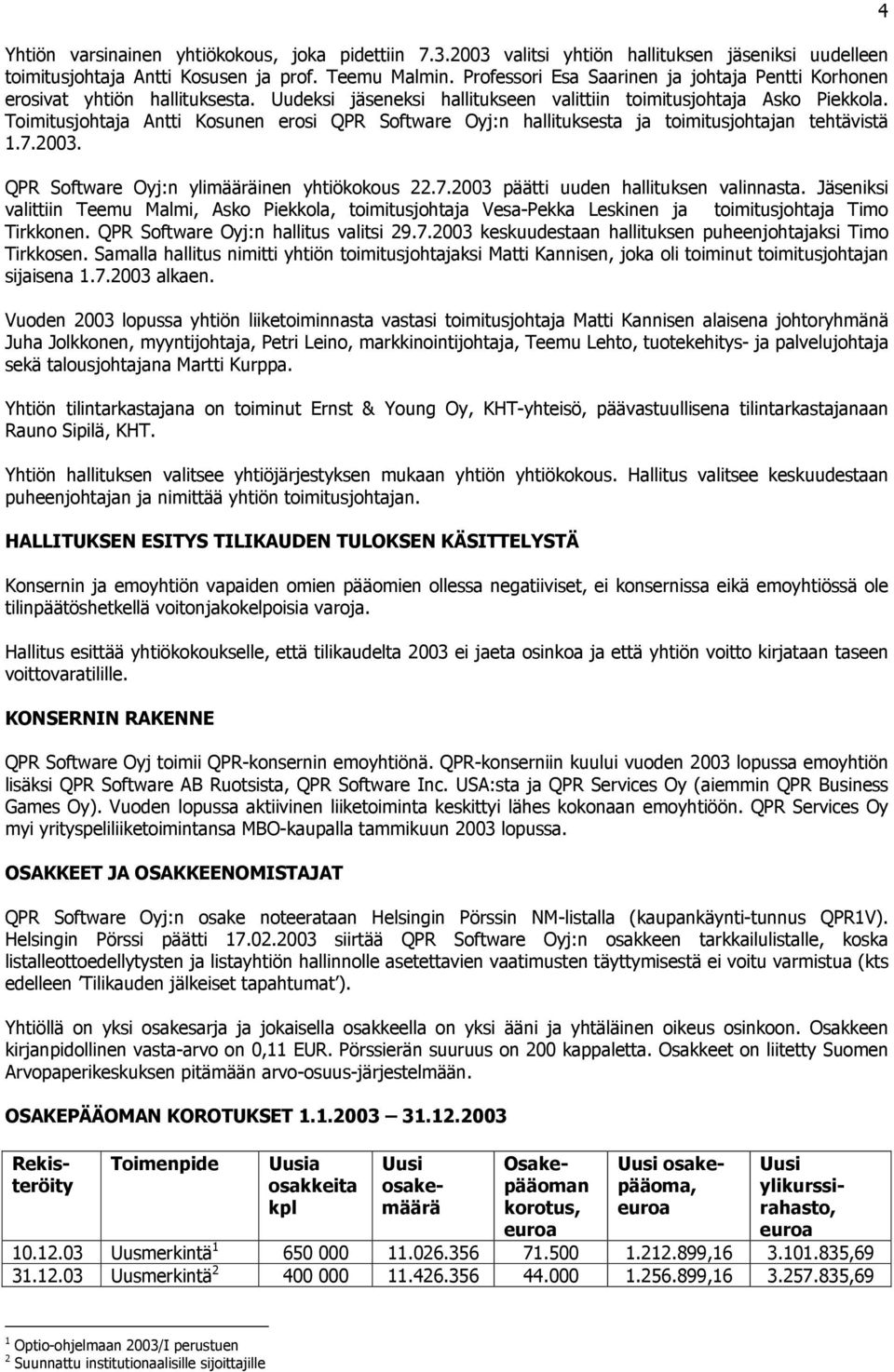 Toimitusjohtaja Antti Kosunen erosi QPR Software Oyj:n hallituksesta ja toimitusjohtajan tehtävistä 1.7.2003. QPR Software Oyj:n ylimääräinen yhtiökokous 22.7.2003 päätti uuden hallituksen valinnasta.