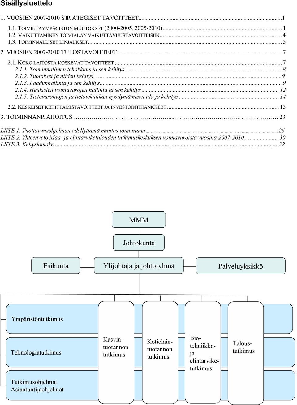 ..9 2.1.3. Laadunhallinta ja sen kehitys... 9 2.1.4. Henkisten voimavarojen hallinta ja sen kehitys... 12 2.1.5. Tietovarantojen ja tietotekniikan hyödyntämisen tila ja kehitys... 14 2.2. KESKEISET KEHITTÄMISTAVOITTEET JA INVESTOINTIHANKKEET.