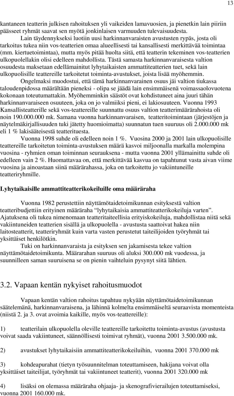 kiertuetoimintaa), mutta myös pitää huolta siitä, että teatterin tekeminen vos-teatterien ulkopuolellakin olisi edelleen mahdollista.