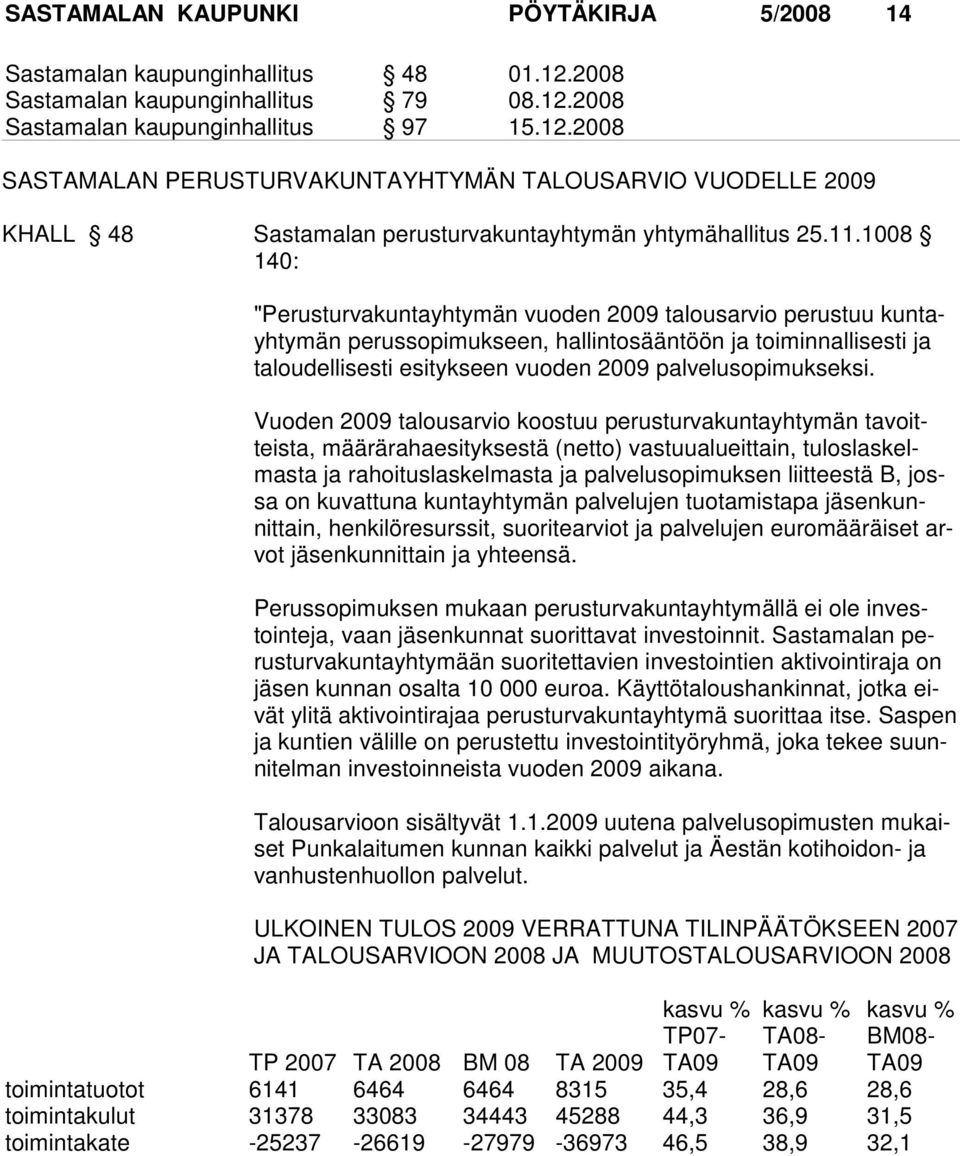 11.1008 140: "Perusturvakuntayhtymän vuoden 2009 talousarvio perustuu kuntayhtymän perussopimukseen, hallintosääntöön ja toiminnallisesti ja taloudellisesti esitykseen vuoden 2009 palvelusopimukseksi.