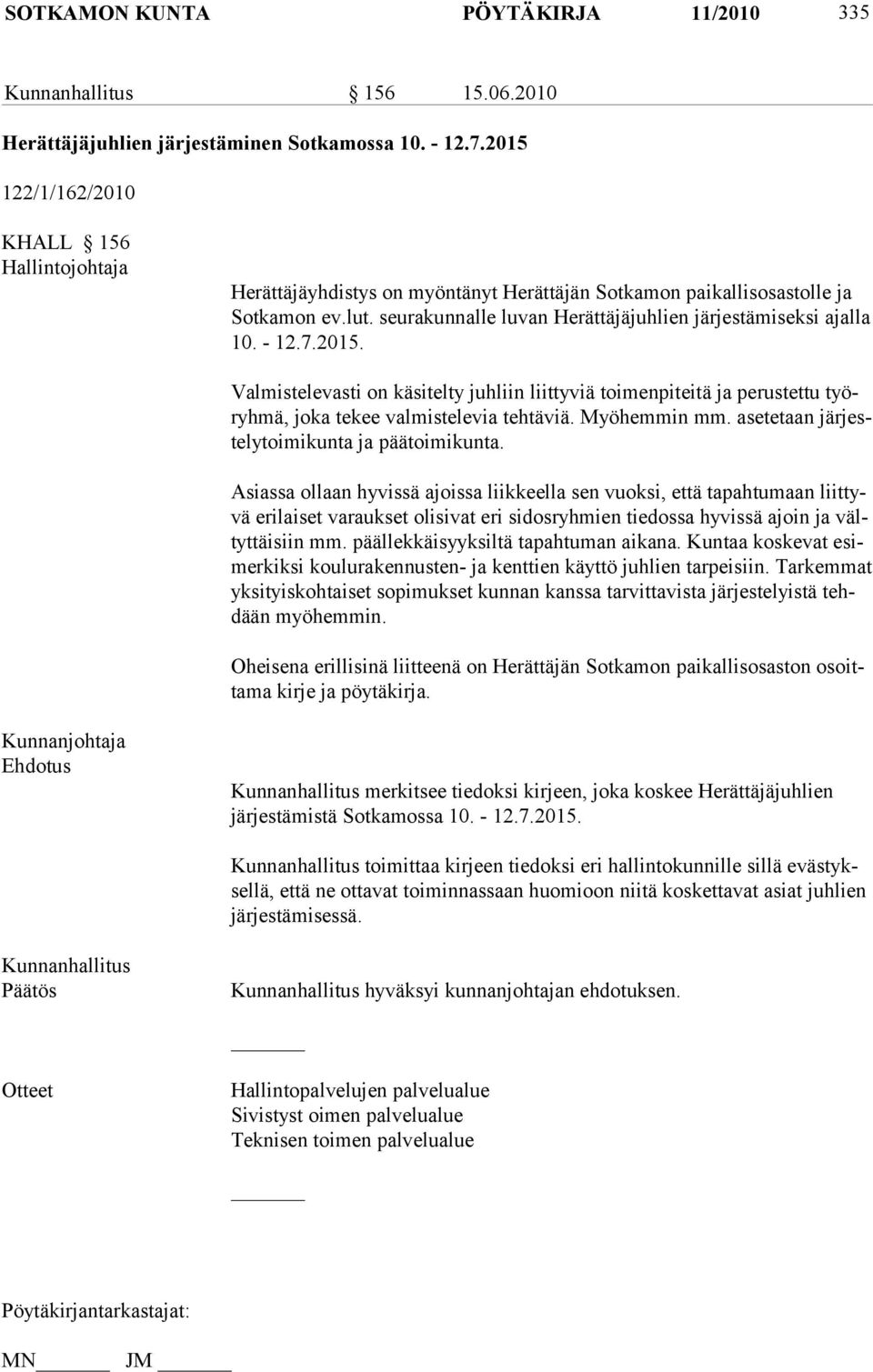 - 12.7.2015. Valmistelevasti on käsitelty juhliin liittyviä toimenpiteitä ja perustettu työryhmä, joka tekee valmistelevia tehtäviä. Myöhemmin mm. asetetaan järjestelytoimikunta ja päätoimikunta.