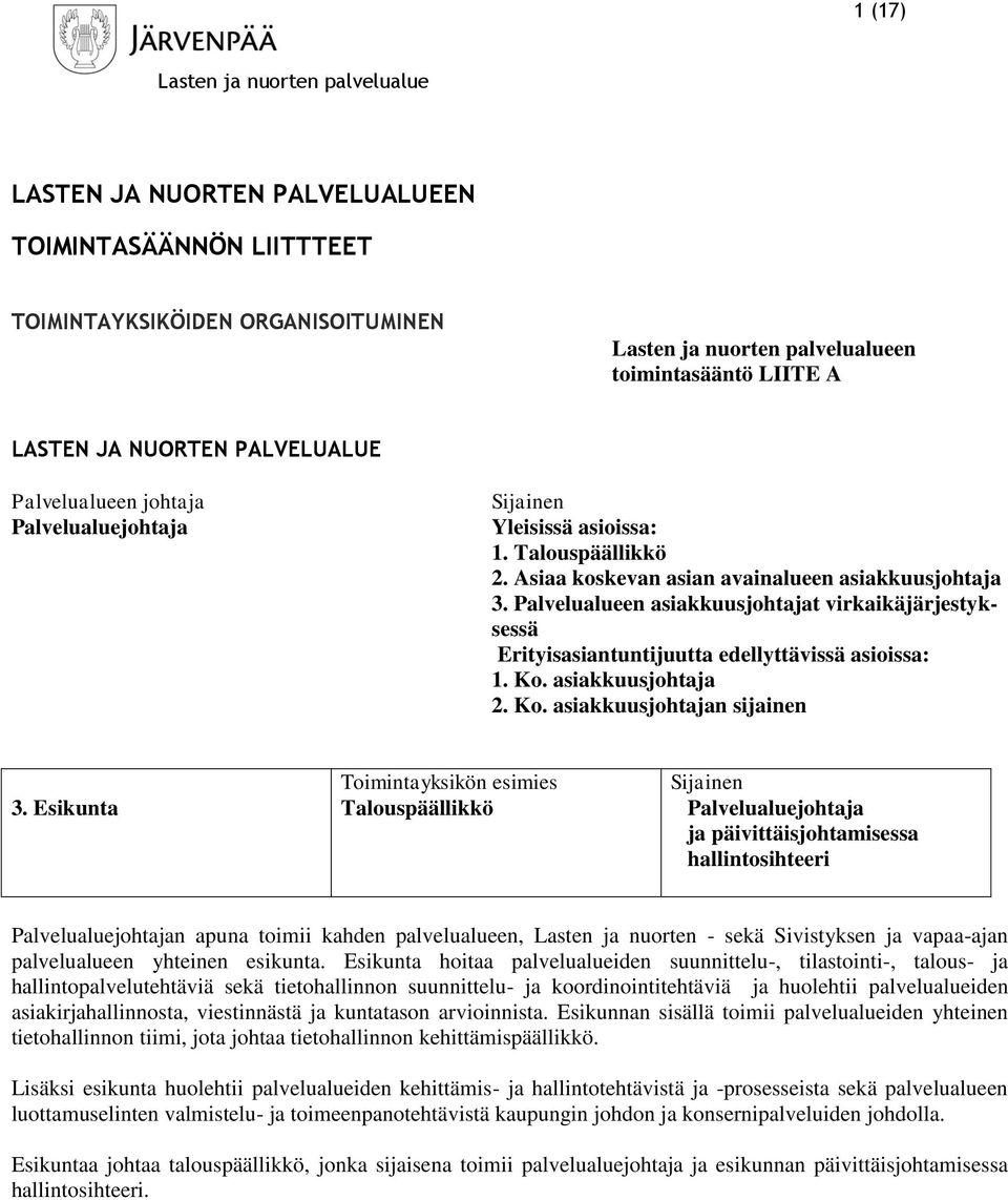 Palvelualueen asiakkuusjohtajat virkaikäjärjestyksessä Erityisasiantuntijuutta edellyttävissä asioissa: 1. Ko. asiakkuusjohtaja 2. Ko. asiakkuusjohtajan sijainen 3.