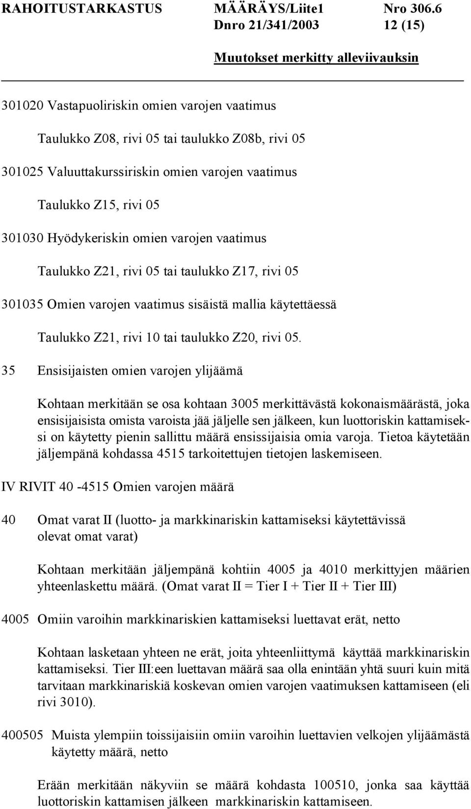 35 Ensisijaisten omien varojen ylijäämä Kohtaan merkitään se osa kohtaan 3005 merkittävästä kokonaismäärästä, joka ensisijaisista omista varoista jää jäljelle sen jälkeen, kun luottoriskin