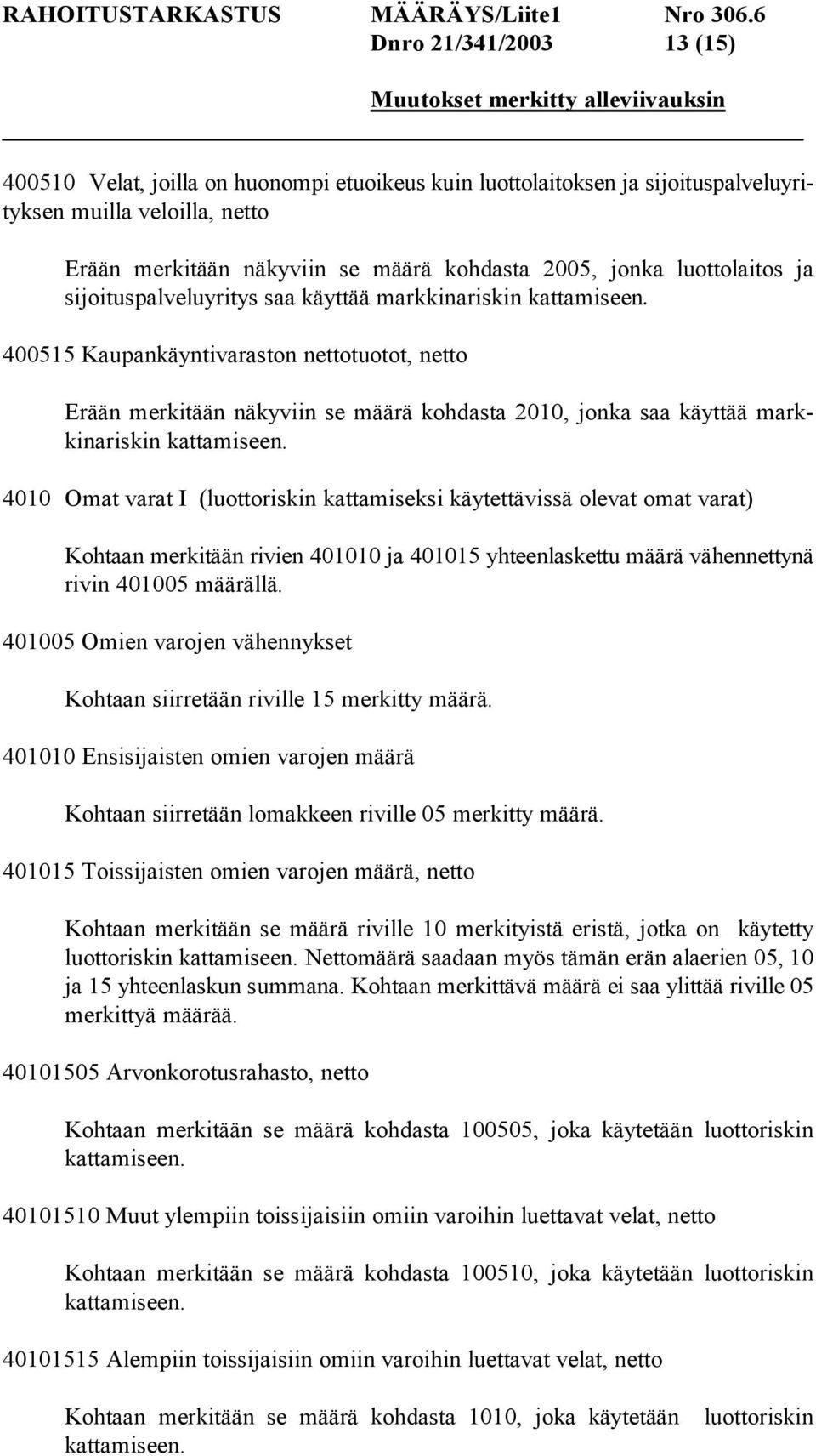 400515 Kaupankäyntivaraston nettotuotot, netto Erään merkitään näkyviin se määrä kohdasta 2010, jonka saa käyttää markkinariskin kattamiseen.