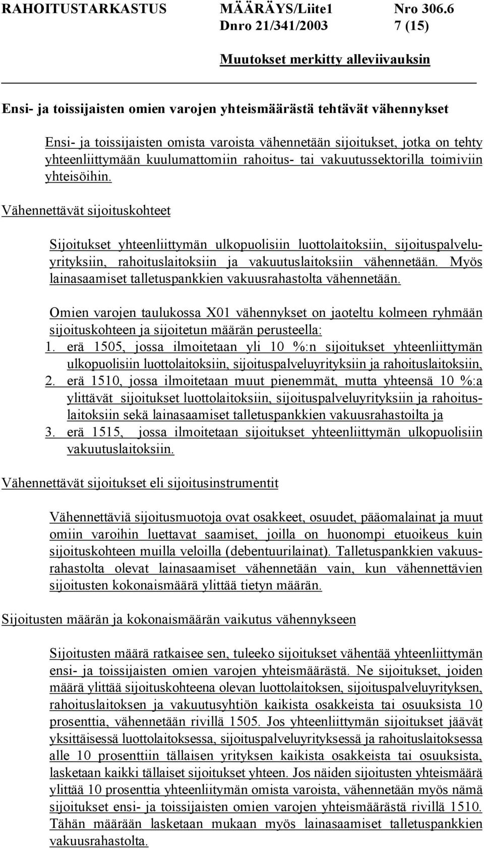 Vähennettävät sijoituskohteet Sijoitukset yhteenliittymän ulkopuolisiin luottolaitoksiin, sijoituspalveluyrityksiin, rahoituslaitoksiin ja vakuutuslaitoksiin vähennetään.