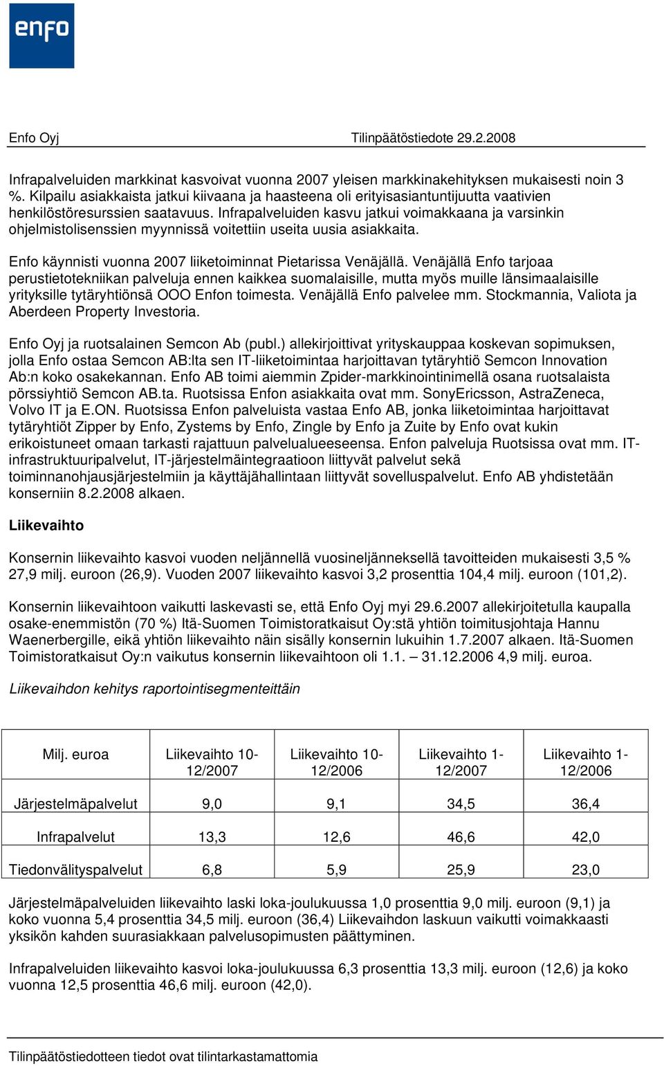 Infrapalveluiden kasvu jatkui voimakkaana ja varsinkin ohjelmistolisenssien myynnissä voitettiin useita uusia asiakkaita. Enfo käynnisti vuonna 2007 liiketoiminnat Pietarissa Venäjällä.