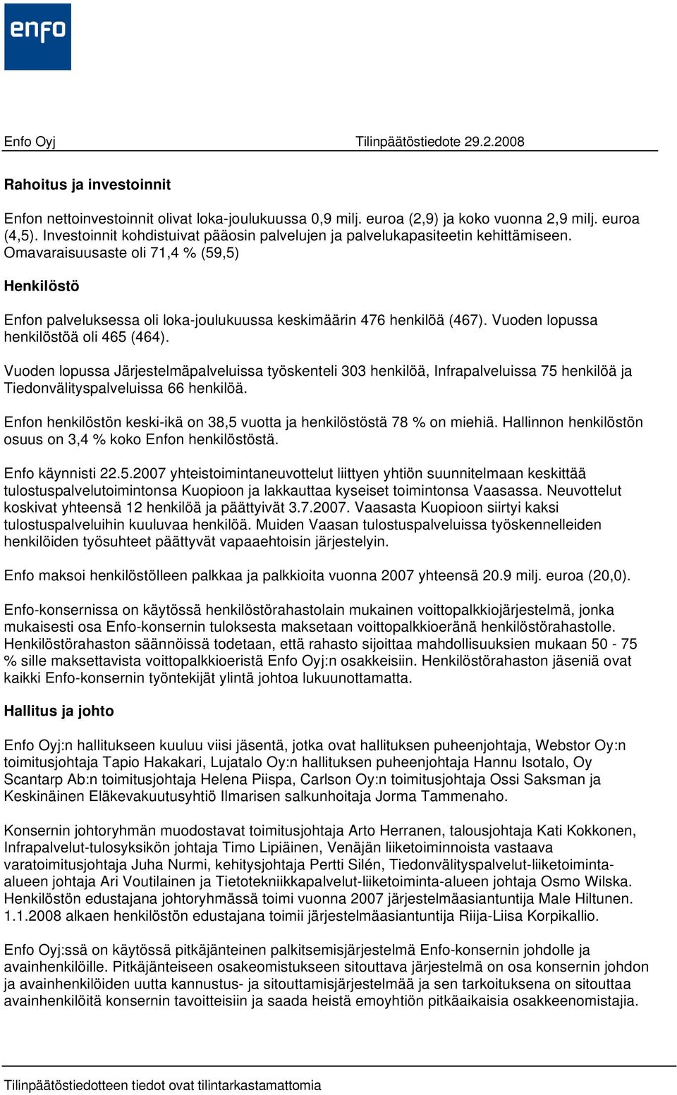 Omavaraisuusaste oli 71,4 % (59,5) Henkilöstö Enfon palveluksessa oli loka-joulukuussa keskimäärin 476 henkilöä (467). Vuoden lopussa henkilöstöä oli 465 (464).