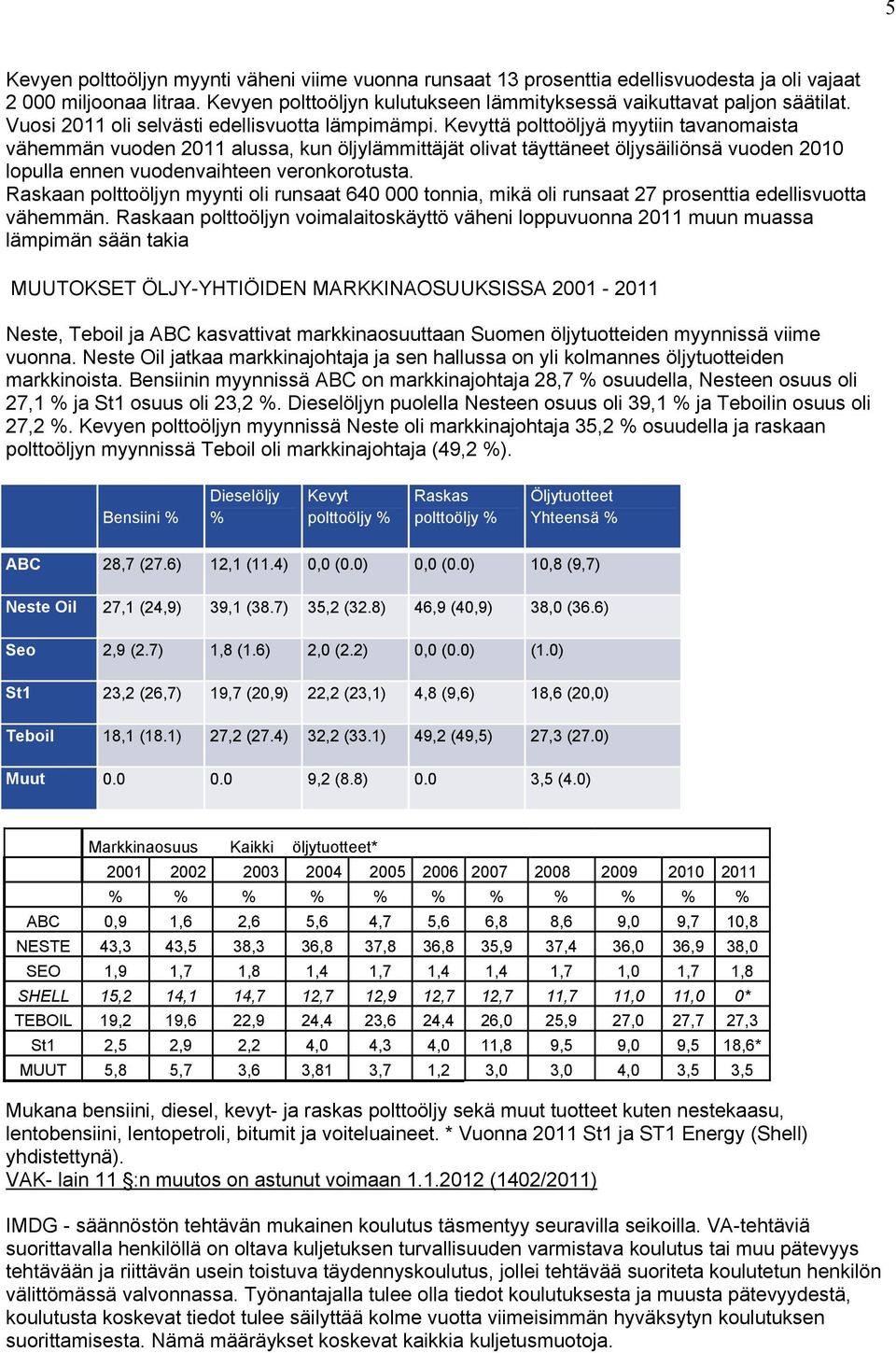 Kevyttä polttoöljyä myytiin tavanomaista vähemmän vuoden 2011 alussa, kun öljylämmittäjät olivat täyttäneet öljysäiliönsä vuoden 2010 lopulla ennen vuodenvaihteen veronkorotusta.