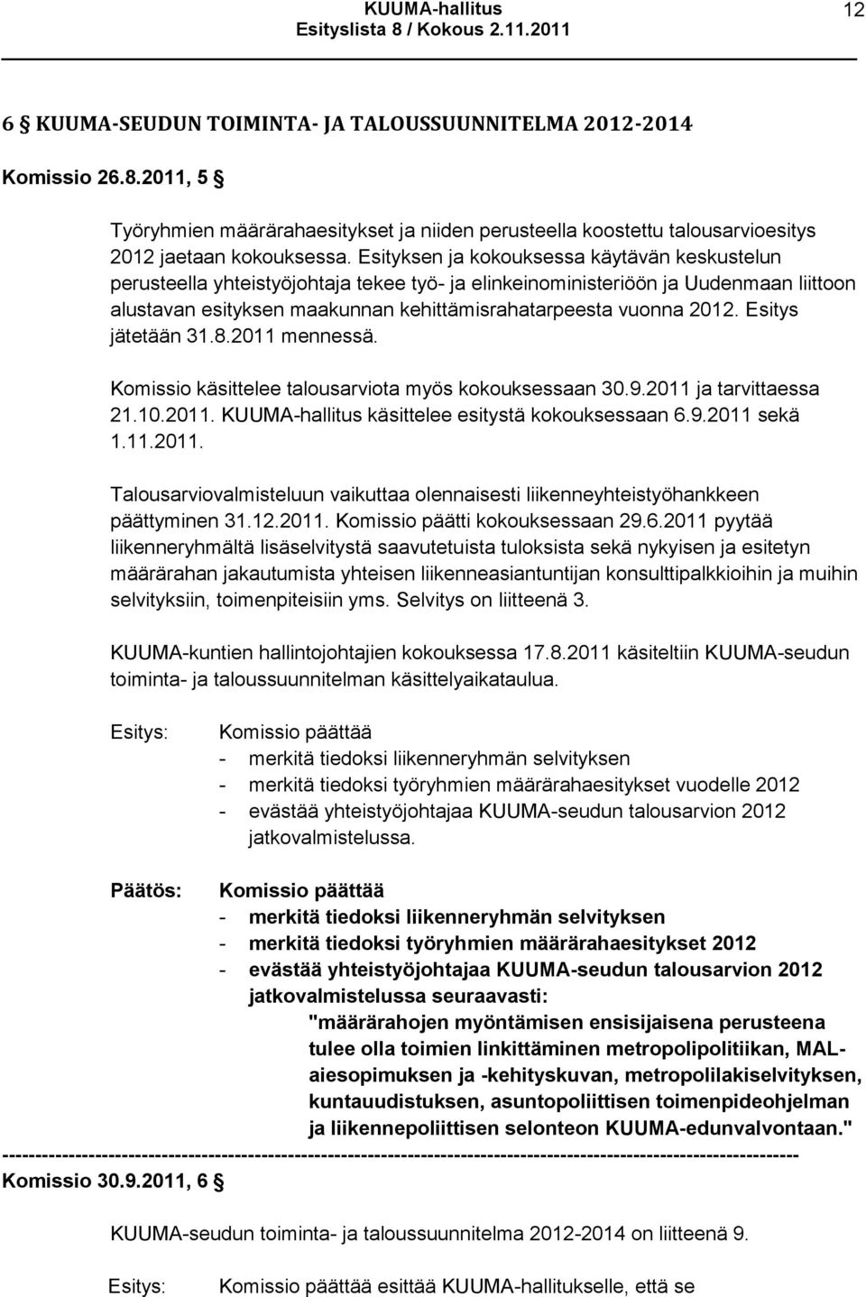 Esitys jätetään 31.8.2011 mennessä. Komissio käsittelee talousarviota myös kokouksessaan 30.9.2011 ja tarvittaessa 21.10.2011. KUUMA-hallitus käsittelee esitystä kokouksessaan 6.9.2011 sekä 1.11.2011. Talousarviovalmisteluun vaikuttaa olennaisesti liikenneyhteistyöhankkeen päättyminen 31.