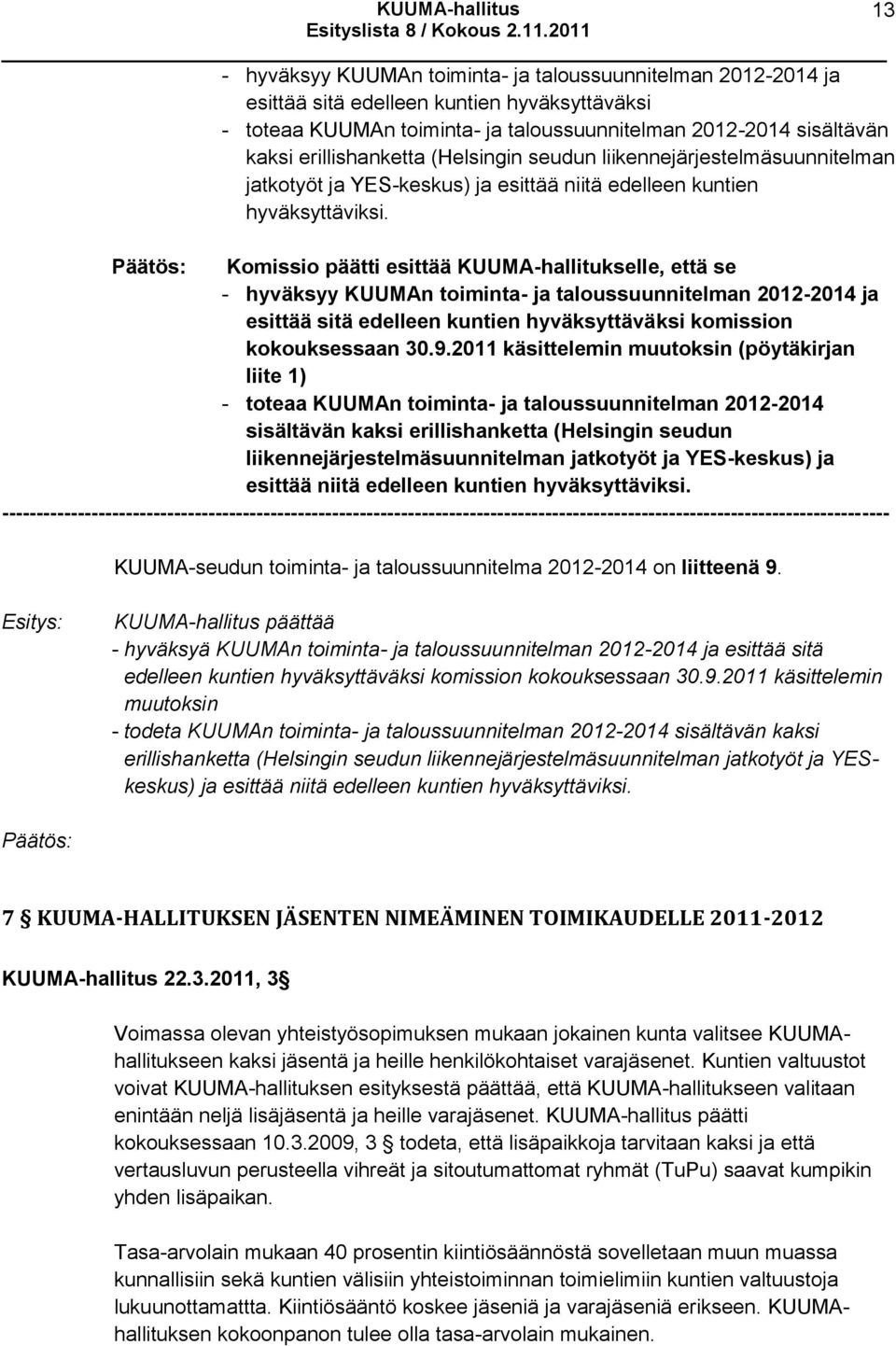 Komissio päätti esittää KUUMA-hallitukselle, että se - hyväksyy KUUMAn toiminta- ja taloussuunnitelman 2012-2014 ja esittää sitä edelleen kuntien hyväksyttäväksi komission kokouksessaan 30.9.