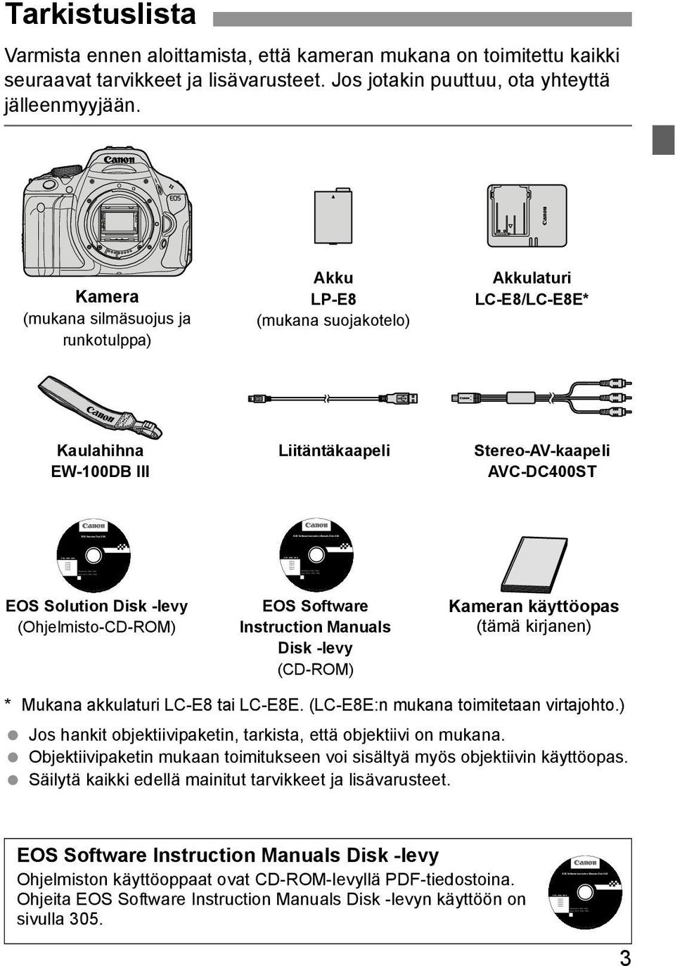 Taristuslista Varmista ennen aloittamista, että ameran muana on toimitettu aii seuraavat tarvieet ja lisävarusteet. Jos jotain puuttuu, ota yhteyttä jälleenmyyjään.