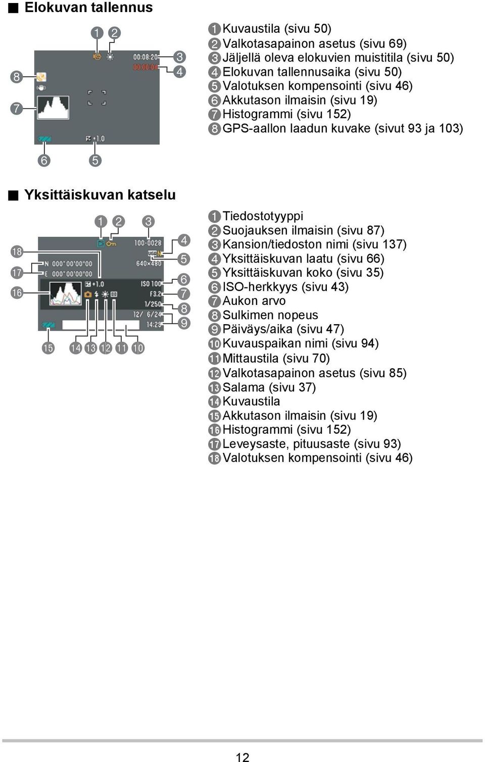 Yksittäiskuvan katselu bs br bq bp 1 2 3 bobnbmblbk 4 5 6 7 8 9 1Tiedostotyyppi 2Suojauksen ilmaisin (sivu 87) 3Kansion/tiedoston nimi (sivu 137) 4Yksittäiskuvan laatu (sivu 66) 5Yksittäiskuvan koko