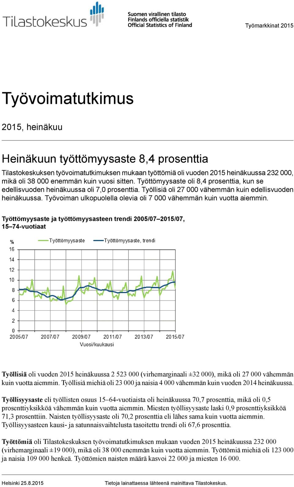 Työvoiman ulkopuolella olevia oli 7 000 vähemmän kuin vuotta aiemmin.