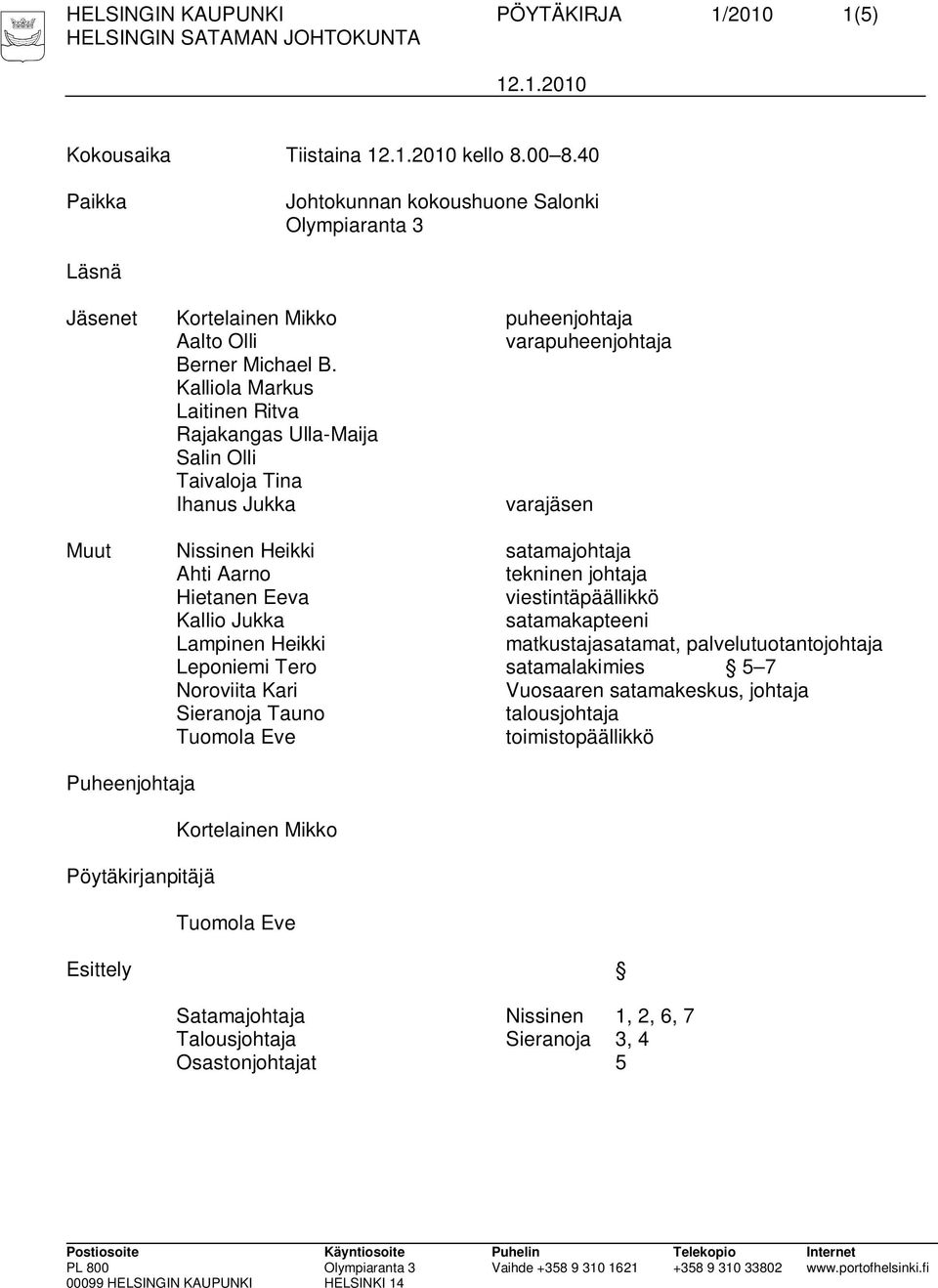 Kalliola Markus Laitinen Ritva Rajakangas Ulla-Maija Salin Olli Taivaloja Tina Ihanus Jukka varajäsen Muut Nissinen Heikki satamajohtaja Ahti Aarno tekninen johtaja Hietanen Eeva viestintäpäällikkö