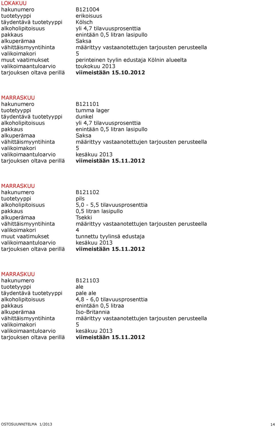 2012 MARRASKUU B121101 tumma lager täydentävä dunkel yli 4,7 tilavuusprosenttia enintään 0,5 litran lasipullo Saksa vähittäismyyntihinta määrittyy vastaanotettujen tarjousten perusteella 5